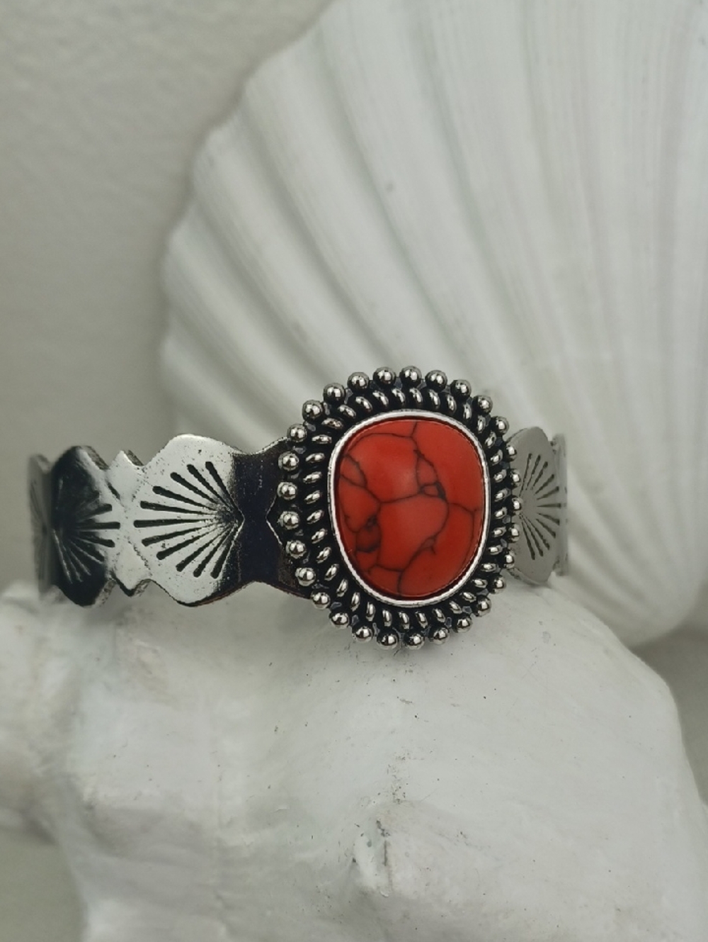 Southwest Sterling-Style Silver Cuff Red Stone Bracelet - Picture 8 of 9